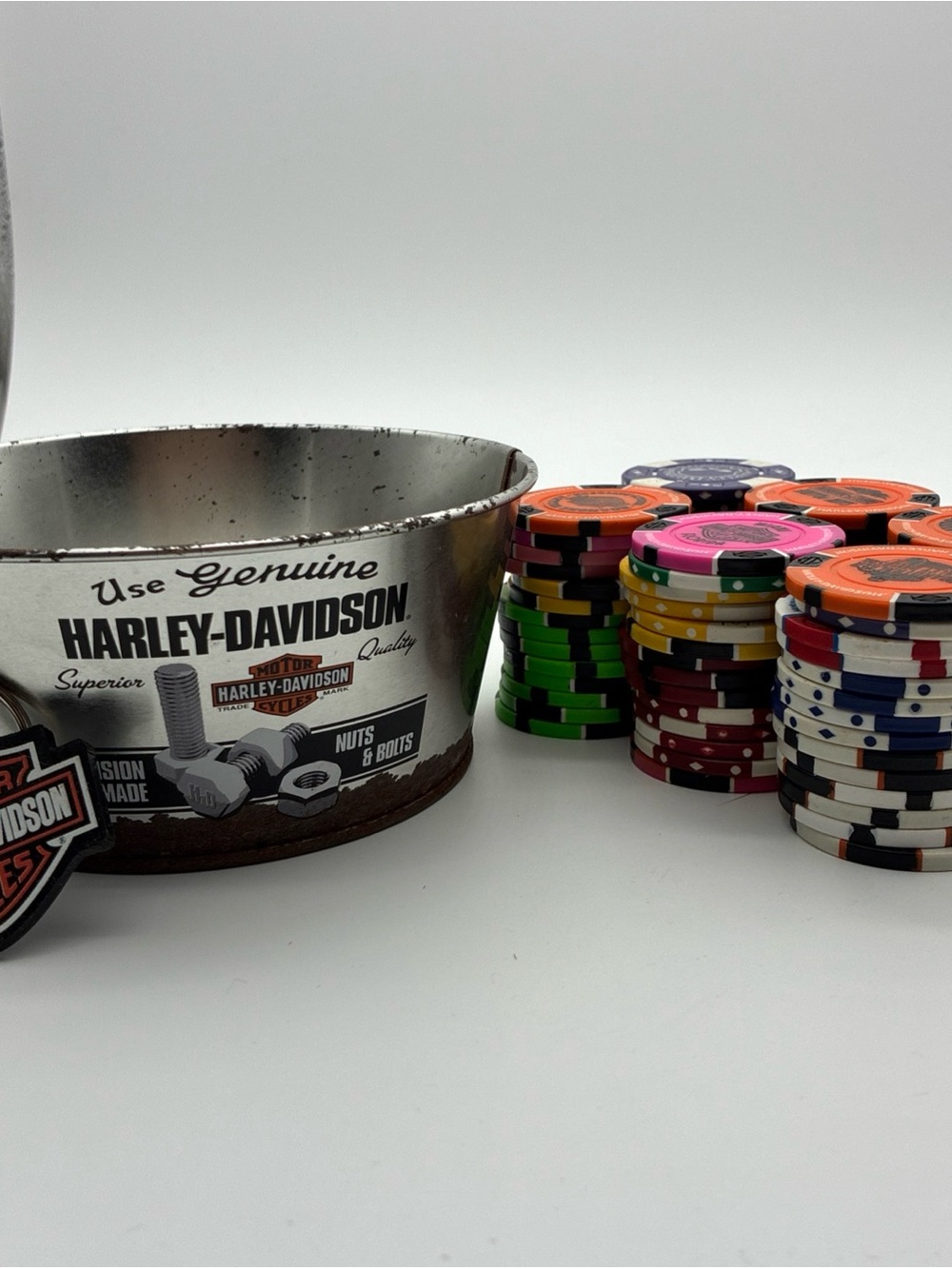 Harley-Davidson Silver Chip Bowl with Multicolor Poker Chips Stack